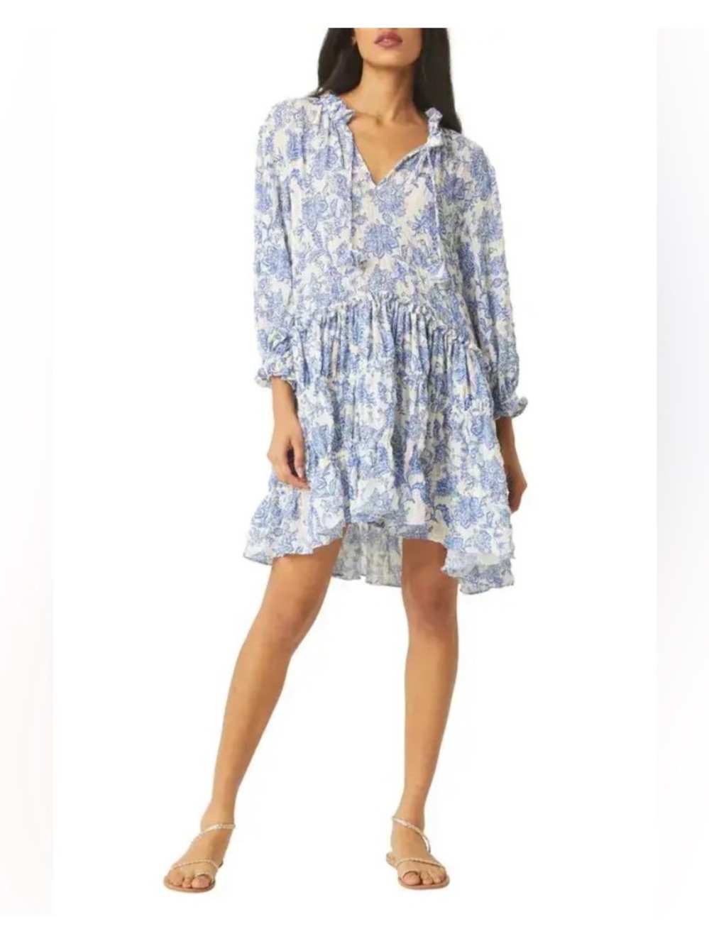 Misa Los Angeles Blue Floral Tiered V-Neck Nita Mini Dress